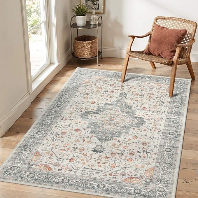 Rugxara Washable Area Rug for Living Room, Vintage Neutral Boho Rugs for Office by Rugxara
