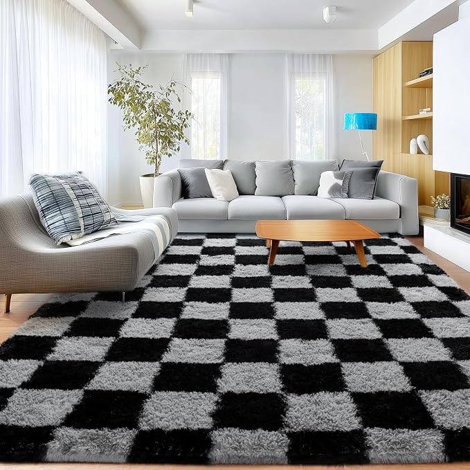 Checkered 8x10 Area Rugs for Living Room, Ultra Soft Fluffy Large Shaggy Rug - Image 6