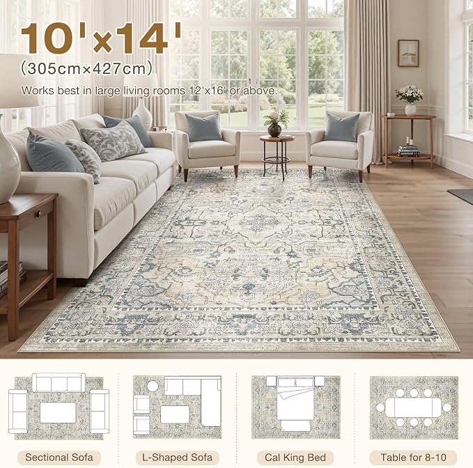 cotiled 10x14 Area Rug Machine Washable Vintage Carpet - Image 7