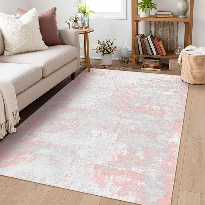 Latte&Fog 3x5 Entryway Pink Area Rugs, Modern Abstract Washable Rugs - Image 3