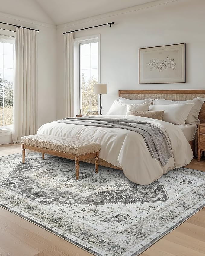 AMADA HOMEFURNISHING Grey 8x10 Area Rug, Washable Low-Profile Large Area Rug - Image 3