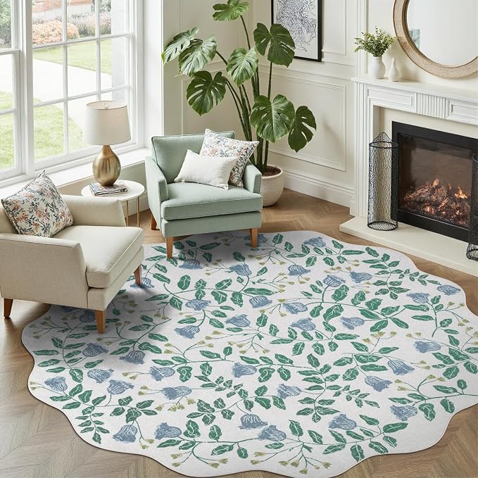DCX Washable Botanical Floral 5x5 Roung Rug, Non Slip Low Pile Carpet by DCXWashableRug