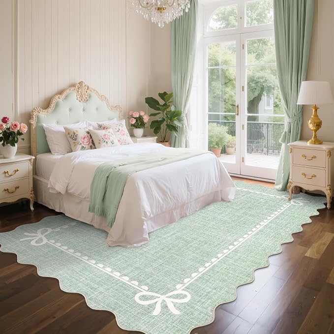 GarveeHome Scalloped Bow Rug for Living Room, Sage Green Rug for Dorm, Washable - Image 2