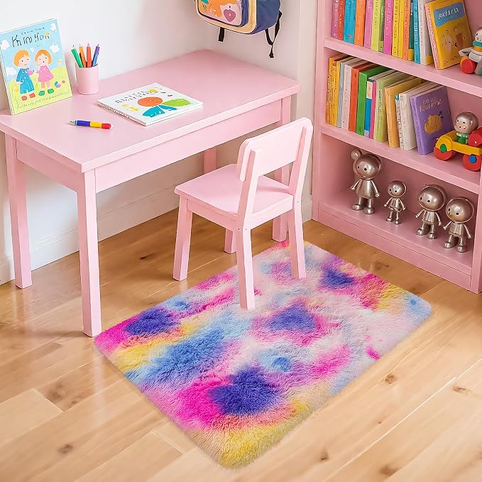 2x3 ft Small Throw Rugs Furry, Non Slip Mini Area Rug, Fluffy Tie-Dyed Rainbow - Image 7