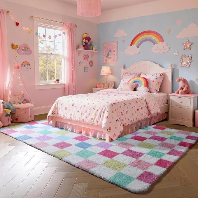 KICMOR Pink Rainbow Checkered Rug - Image 3
