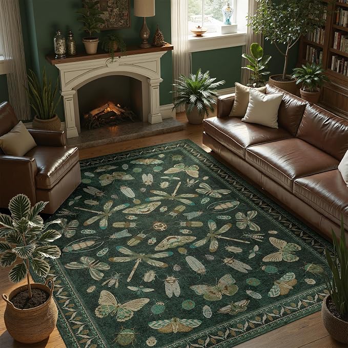 DCX 6x9 Washable Insect Rug, Vintage Gothic Dark Green Rug by DCXWashableRug