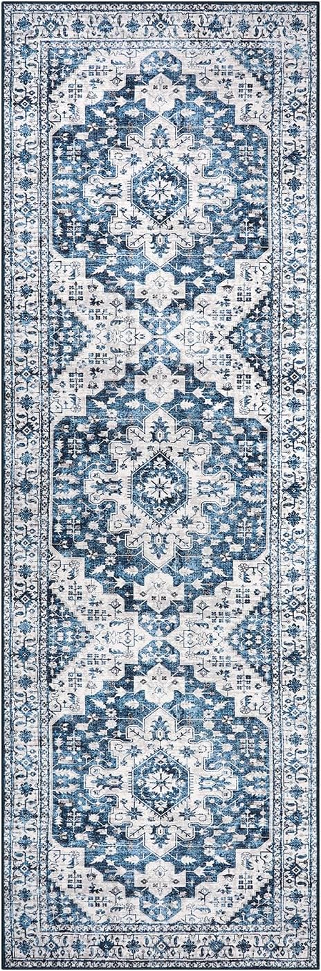 Moynesa Blue Vintage Floral Medallion Runner Rug, Machine Washable, Pet Friendly - Image 6