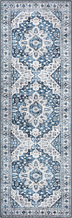 Moynesa Blue Vintage Floral Medallion Runner Rug, Machine Washable, Pet Friendly - Image 6