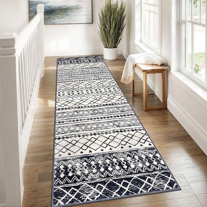 KUTA Moroccan Washable Runner Rug 2.6x8, Non-Slip Vintage Black Navy Blue Boho - Image 3