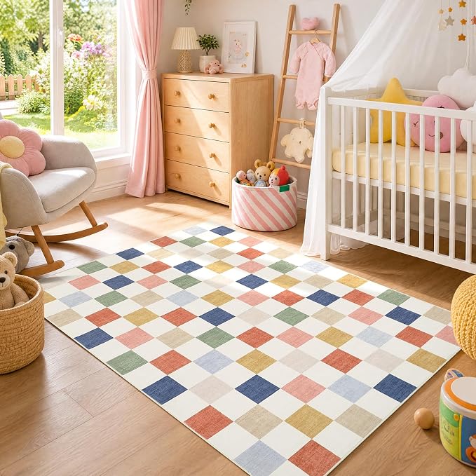 GarveeHome Checkered Nursery Kids Boy Playroom 3x5 Washable Rug Colorful - Image 4