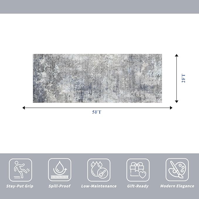 2x5 Rug Runner Non-Slip Washable– Modern Neutral Abstract Kitchen Bathroom - Image 2
