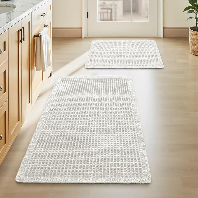 Upgraded Waffle Bath Mat Set of 2, Super Absorbent Non Slip Bath Mats by AMOAMI