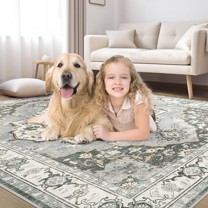 10x12 Washable Area Rug: Vintage Neutral Soft Non Slip Thin Large Floor Carpet - Image 7