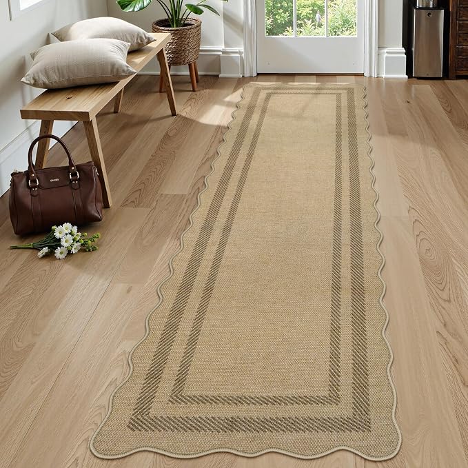 LIVEBOX Scalloped Washable 2x8 Kitchen Runner Rug, Easy Jute Geometric Tan Rugs by LIVEBOX