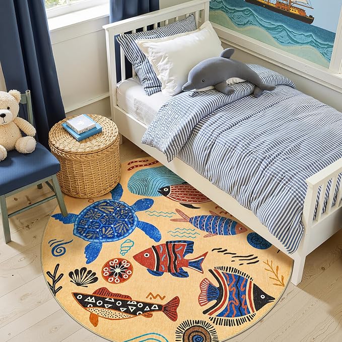 jinchan 4ft Coastal Round Rug Kids Washable Fun Rug Colorful Ocean Fish Small - Image 2