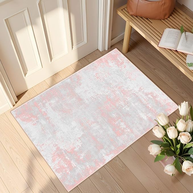 Latte&Fog Entryway Pink Rug, Modern Abstract 2x3 Washable Area Rugs by LatteFog