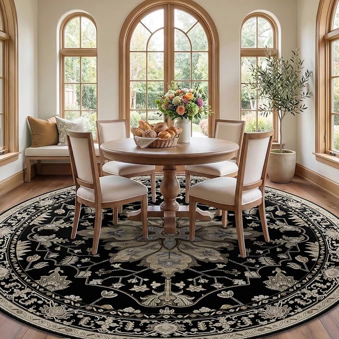 RELEANY Area Rugs Round 8ft Washable Non-Slip, Floral Vintage Distress - Image 2
