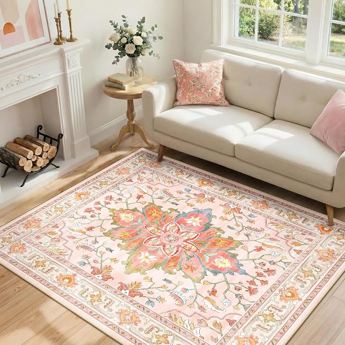 RELEANY Area Rugs 4'x5' Washable Non-Slip, Floral Vintage Distress Medallion by RELEANY