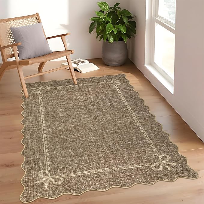 GarveeHome Scalloped Bow Rug for Living Room, Solid Brown Rug for Dorm by GarveeHome