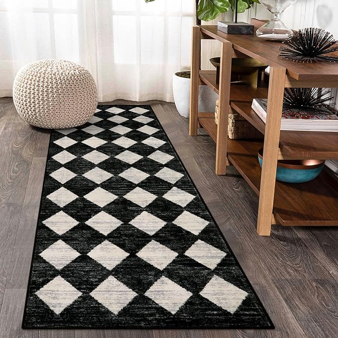 Checkered Kitchen Runner Rug 2x6 Black, Non Slip Washable Hallway Bathroom by Lahome