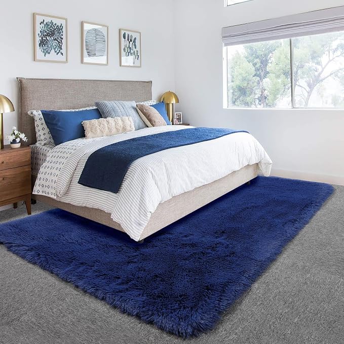 Amdrebio Navy Blue Area Rugs for Boys Bedroom, 5x7 Shag Fluffy Furry Plush Rug - Image 7