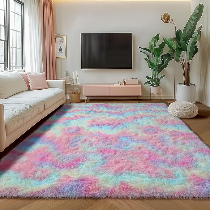 ONASAR Rainbow Area Rugs for Girls Bedroom, 4x6 Fluffy Bedside Colorful Rug - Image 5