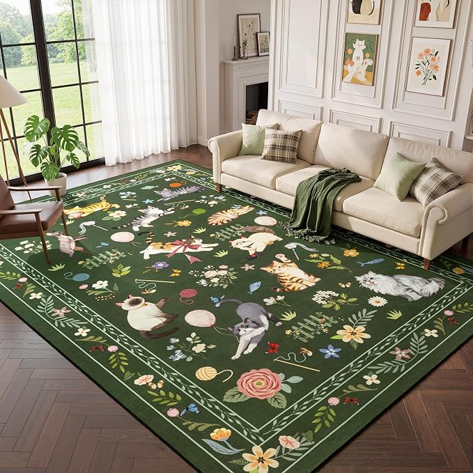 Unirea 9x12 Dark Green Cat Area Rug by UNIREA