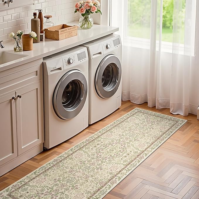 jinchan Zenith Floral Runner Rug 2x6 Washable Kitchen Runner Non-Slip Low-Pile - Image 3