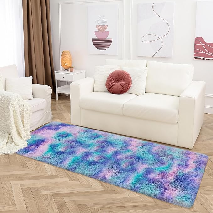 Shaggy Tie Dyed Light Blue Purple Runner Rug 2x6 ft Bedside Area Rugs - Image 9