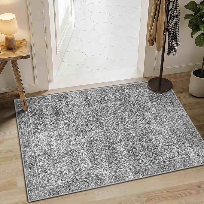 Latte&Fog 2x3 Entryway Rug, Small Vintage Grey Door Mat, Washable Kitchen Rug by LatteFog