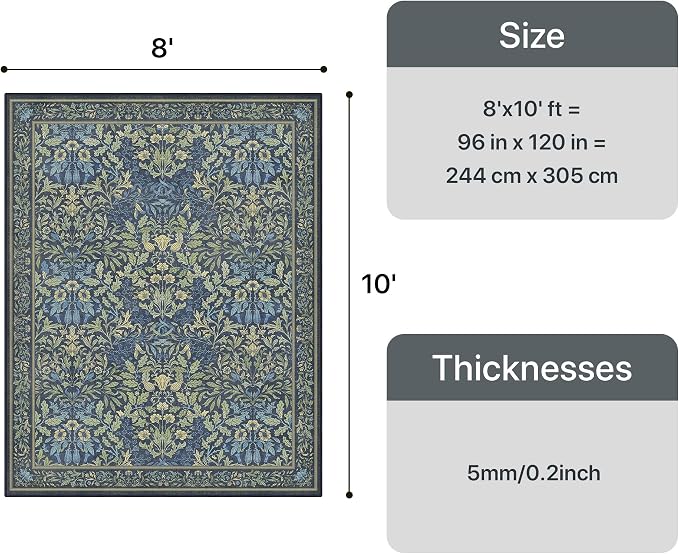 GENIMO 8x10 Washable Area Rug, Non-Slip Vintage Boho Floral Carpet, Soft - Image 2