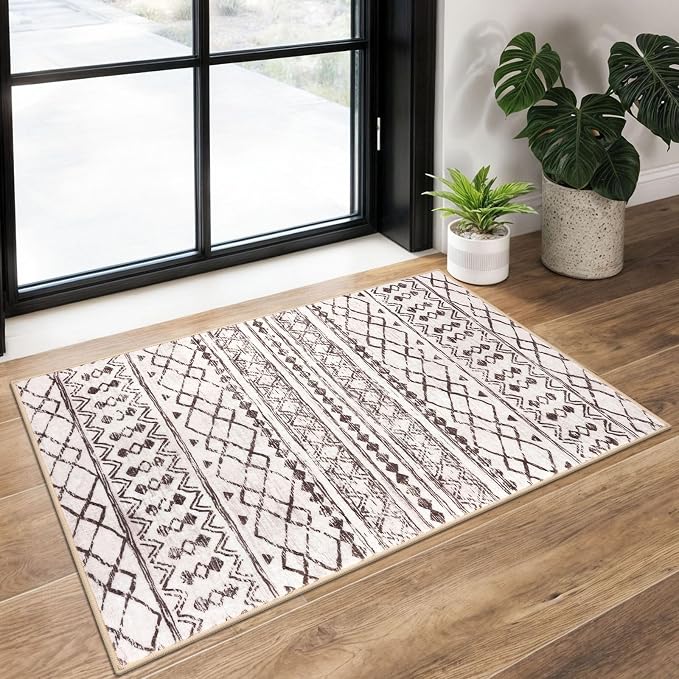 KUTA Moroccan Kitchen Rugs, 2x3 Brown Cream Entryway Rug Non-Slip Washable by KUTA