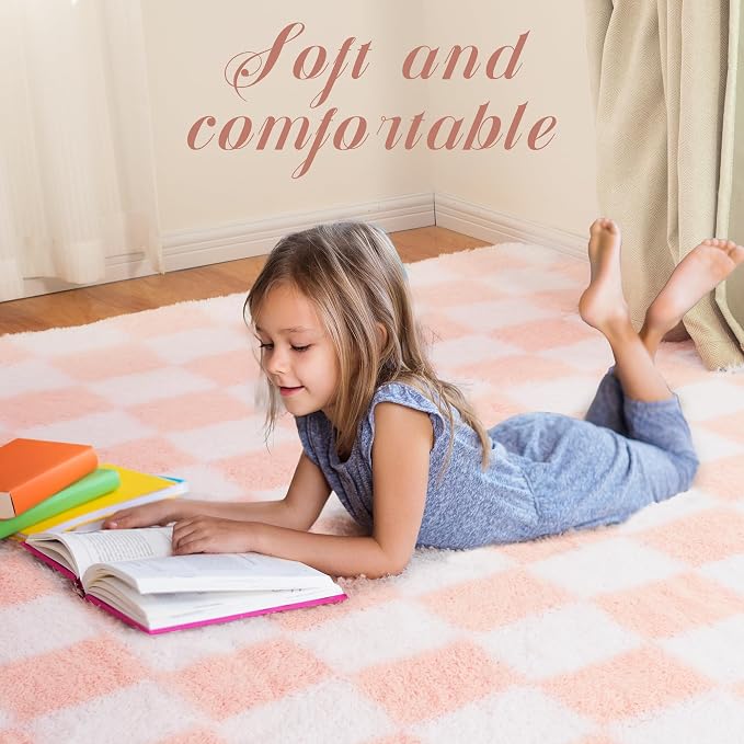Super Soft Rug for Bedroom, 8x10 Ft Pink and White Area Rug Classic Checkered - Image 4