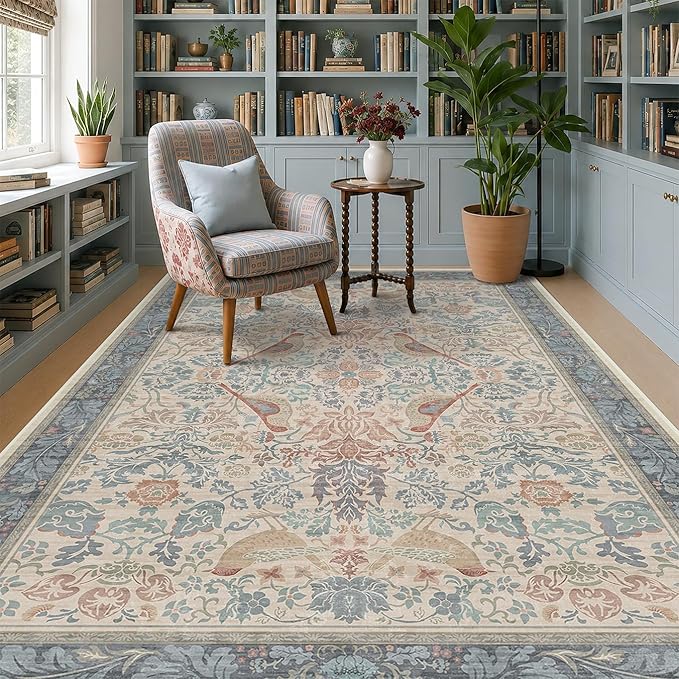 Hazo Haus Soft Red Blue Floral Area Rug 5x7 by HazoHaus