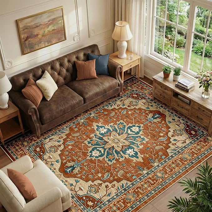 RELEANY Area Rugs 6'x9' Washable Non-Slip, Floral Vintage Distress Medallion by RELEANY