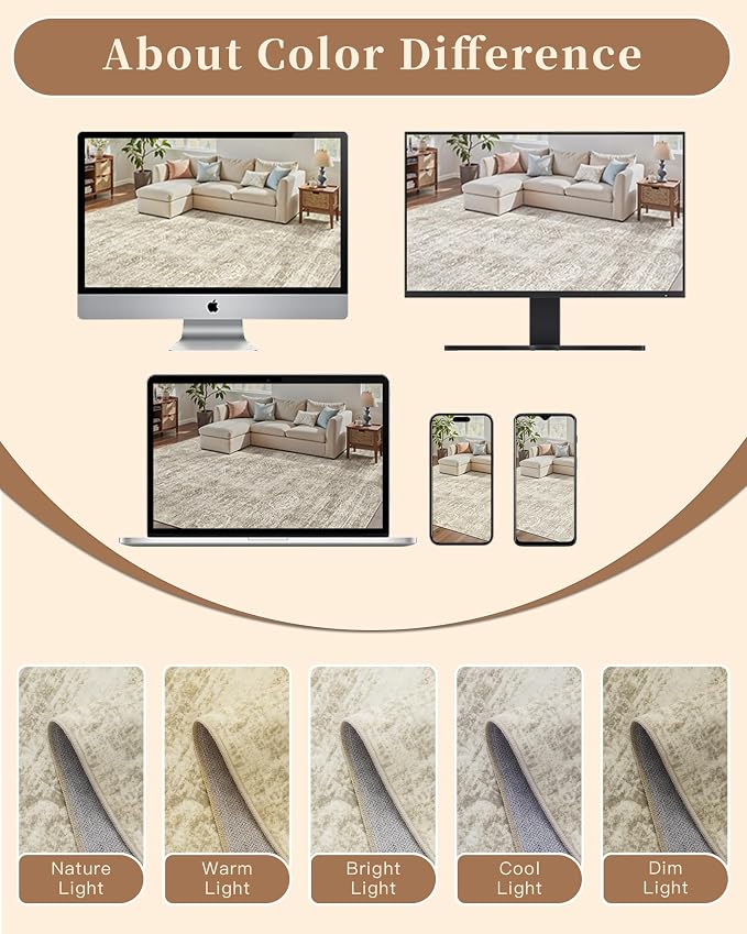 Madane 5x7 Area Rugs for Living Room, Washable Vintage Natural Beige Rug - Image 8