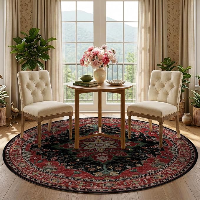 RELEANY Area Rugs Round 5ft Washable Non-Slip, Floral Vintage Distress - Image 2