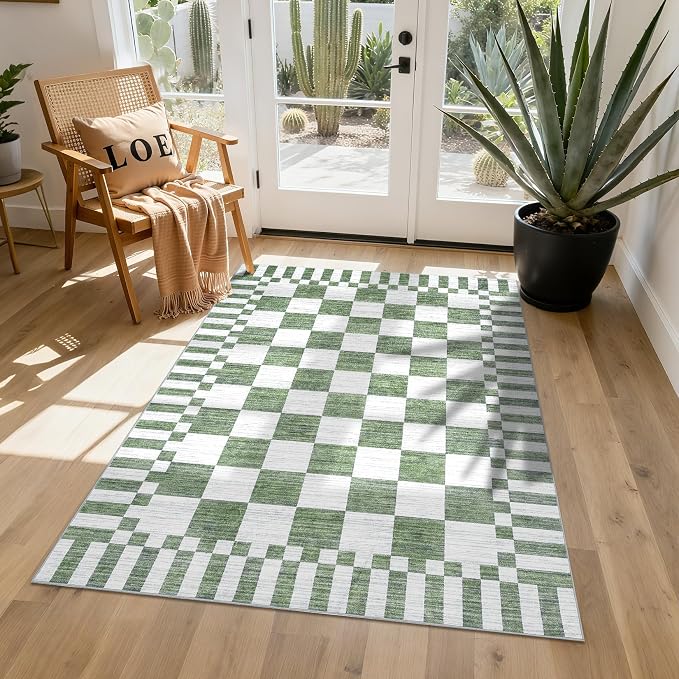 GarveeHome Sage Green Checkered Rug, Washable 3x5 Rug Non Slip - Image 2