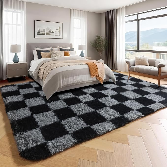 KICMOR Black and Grey Area Rug for Bedroom, 4x6 Fluffy Fuzzy Shag Checkered - Image 3