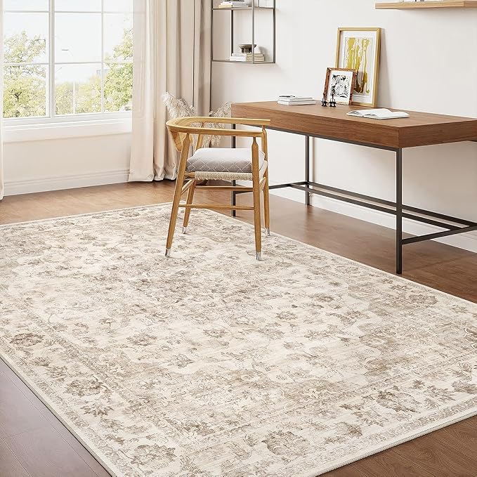 4x6 Washable Neutral Area Rug Beige Vintage Entryway Office Carpet Non-Slip - Image 3