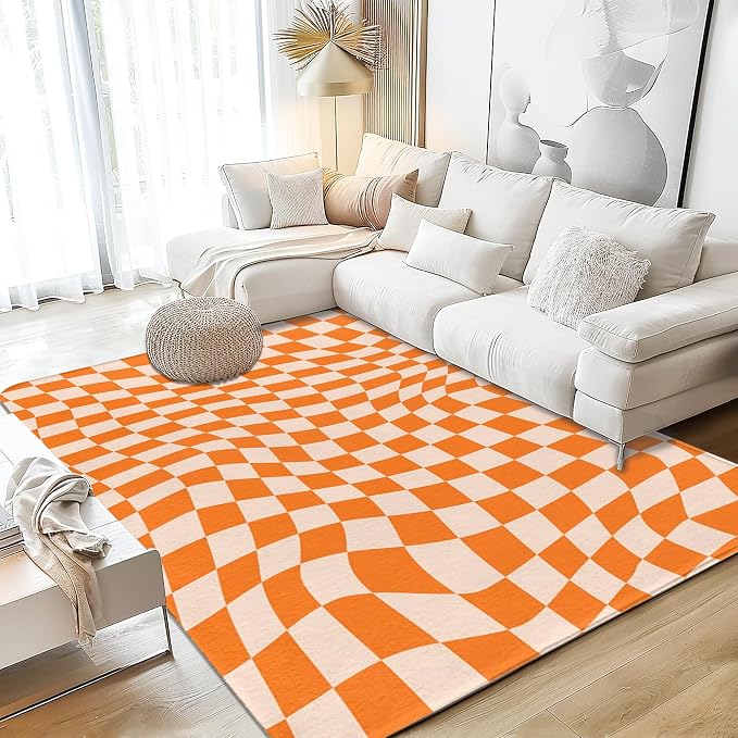 Orange Checkered Area Rug, Autumn Washable Area Rug 5x7 Large Rugs by SPUNKER