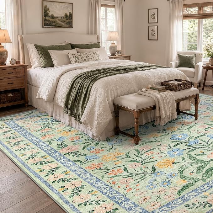 Wonnitar Machine Washable Area Rugs 9x12, Soft Sage Green Floral Rug - Image 7