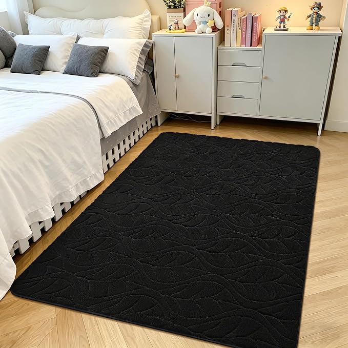 3x5 Black Washable Area Rug for Bedroom, Leaf Geometric Patter Shag Non-Slip by VisittheFlagover
