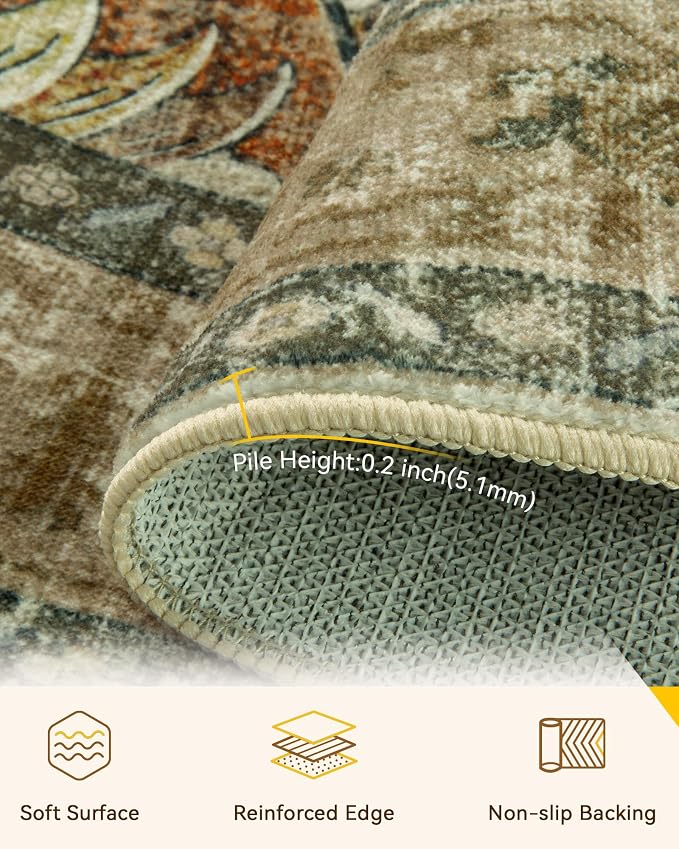 RELEANY Area Rugs Round 5ft Washable Non-Slip, Floral Vintage Distress - Image 3