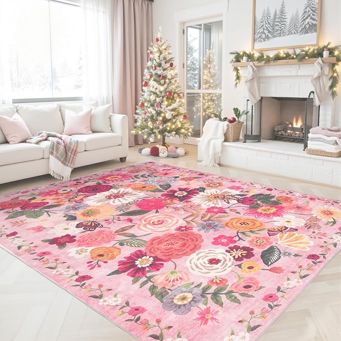 Pink Floral Bedroom Rug 5x7, Non-Slip Washable Area Rug - Image 6