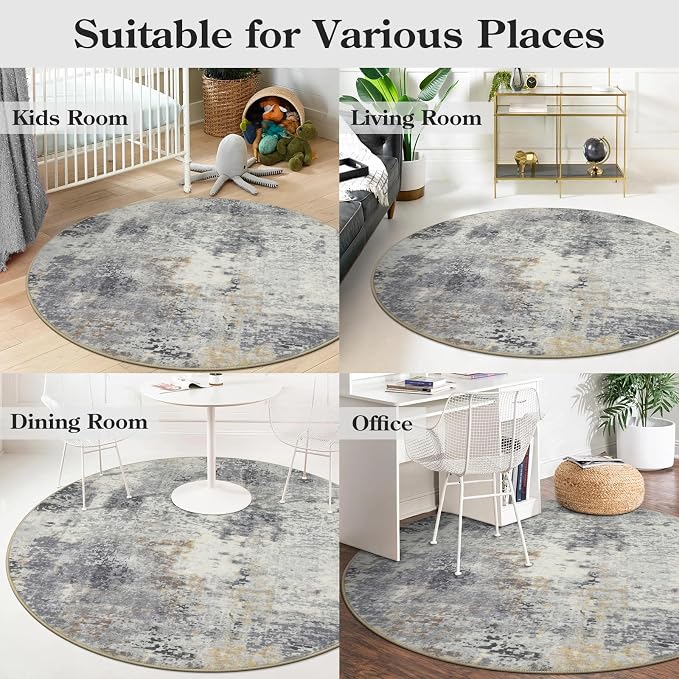 Lahome Modern Abstract Round Rug - 4Ft Grey Small Bathroom Rug Indoor 4x4 - Image 6