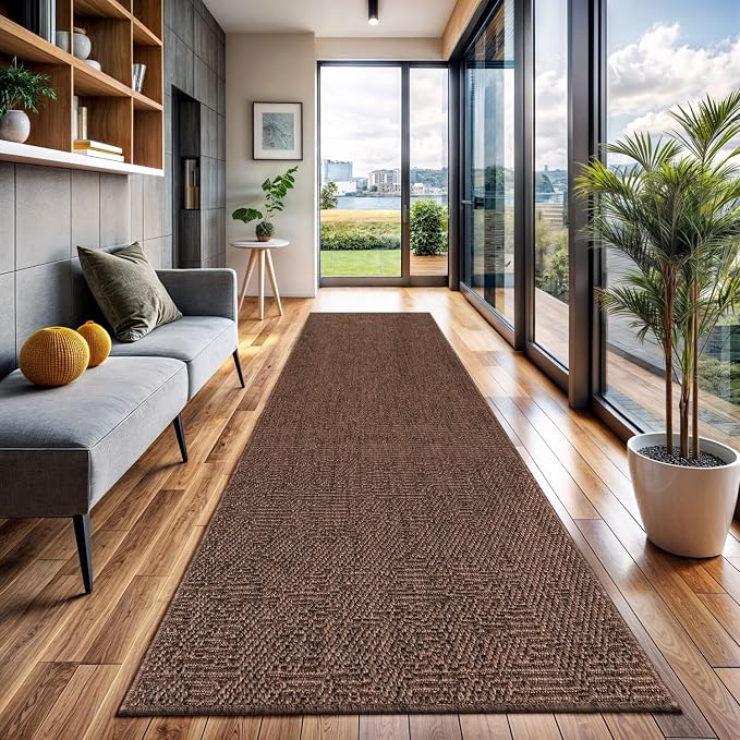 CAMILSON Indoor and Outdoor Runner Rug Brown Solid Boho Woven Design - Image 6