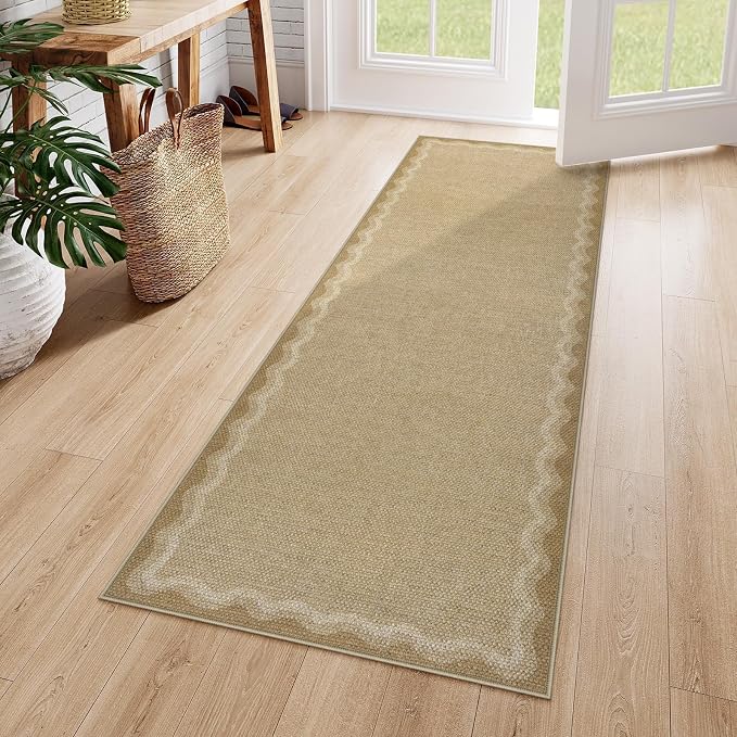 LIVEBOX Scalloped Washable 2x6 Kitchen Runner Rug, Easy Jute Geometric Tan Rug by LIVEBOX
