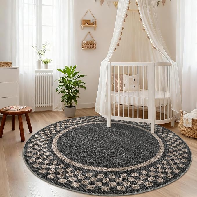 4ft Washable Round Rug for Entryway Modern Checkered Bedroom Circle Rug Non - Image 2