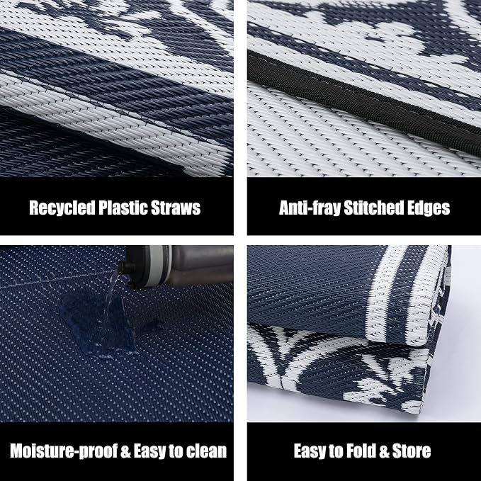HUGEAR Patio Rug 10'x14' Waterproof Outside Area Rugs Reversible Blue Outdoor - Image 6